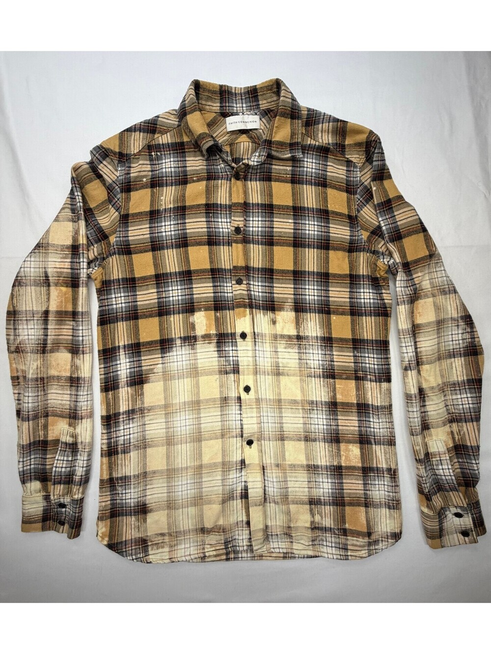 Faith Connexion Men's Flannel Shirt Bleach Ombre Plaid Size Small Brown/Yellow
